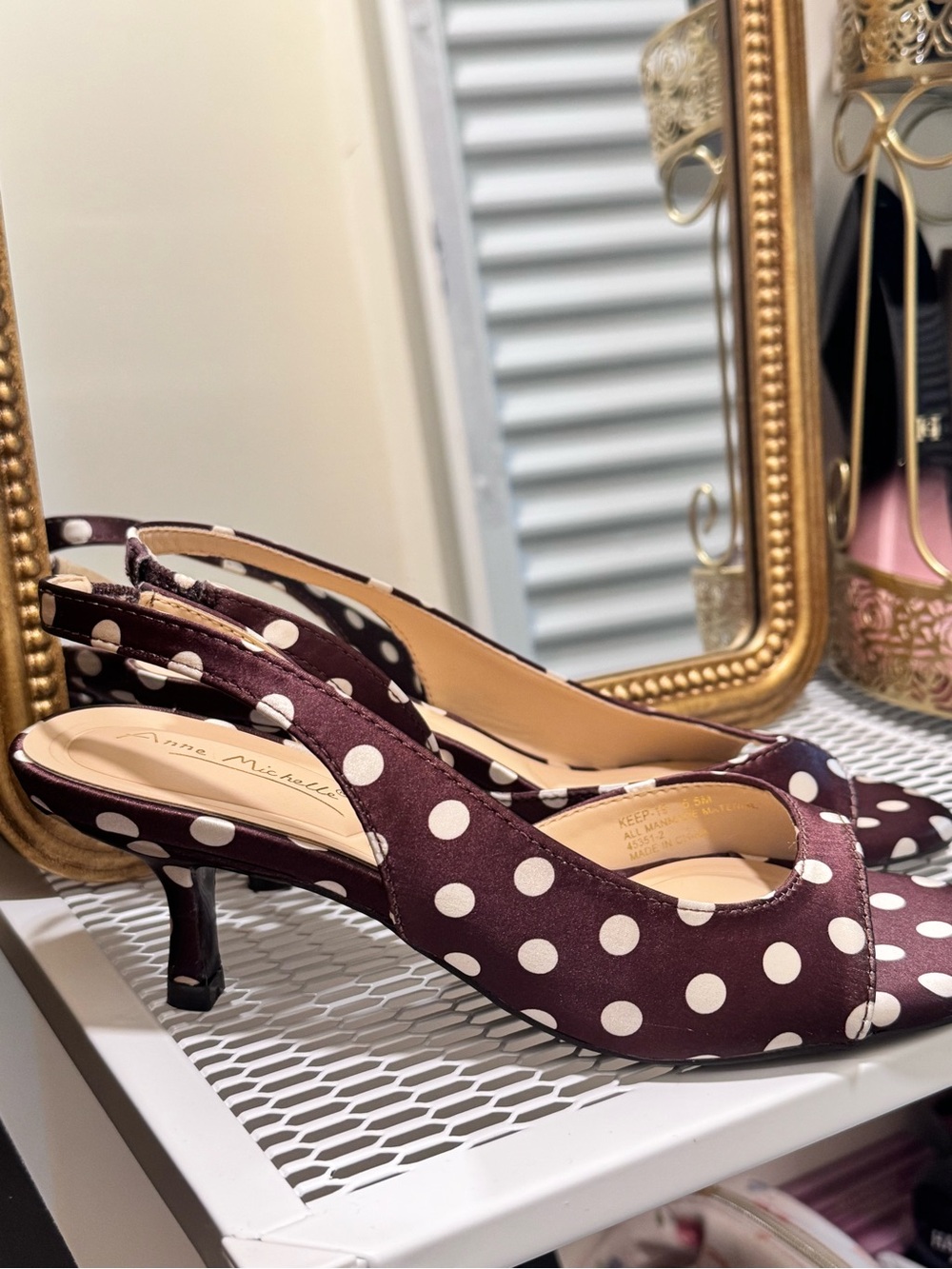 Polka Dot Slingback Kitten Heels in Burgundy/White